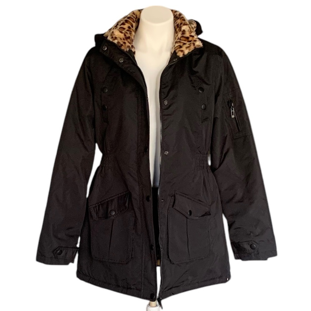 Yoki Black Parka with Leopard Print Fleece Cozy Lining Hooded Sz L